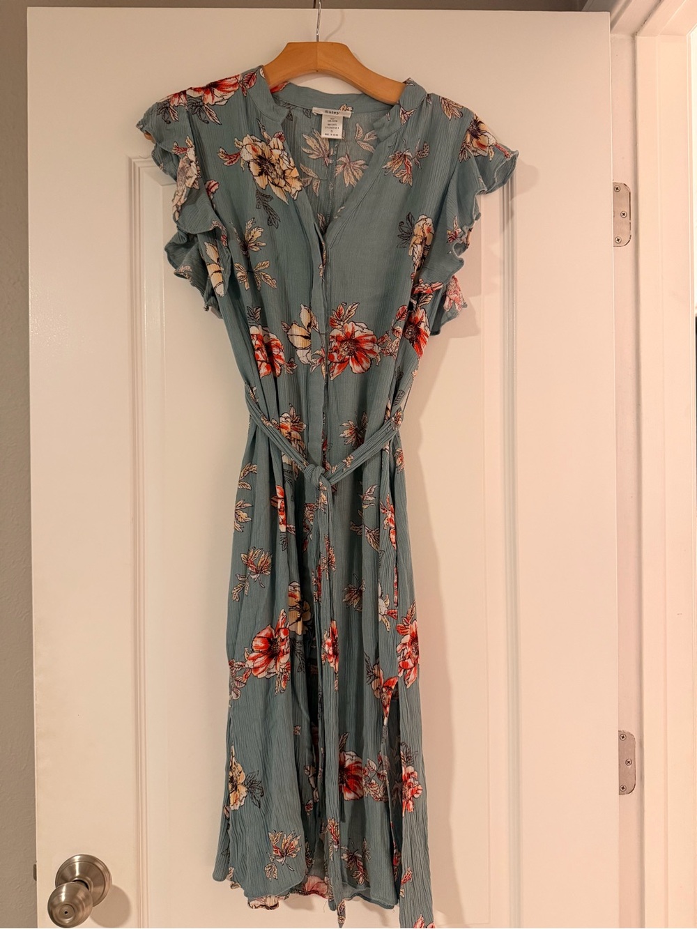 Esley Teal Floral Wrap Midi Dress with Ruffle Sleeves